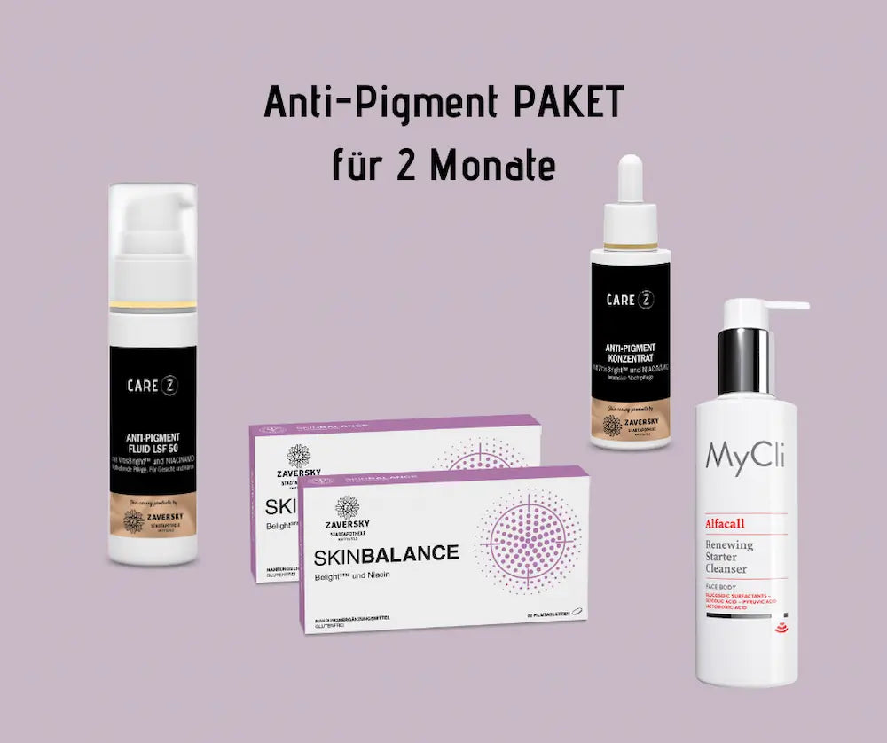 Anti-Pigment Paket für 2 Monate mit Care Z Fluid LSF 50, Anti-Pigment Konzentrat, Skinbalance Tabletten und MyCli Alfacall Cleanser