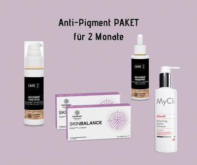 Anti-Pigment Paket für 2 Monate mit Care Z Fluid LSF 50, Anti-Pigment Konzentrat, Skinbalance Tabletten und MyCli Alfacall Cleanser