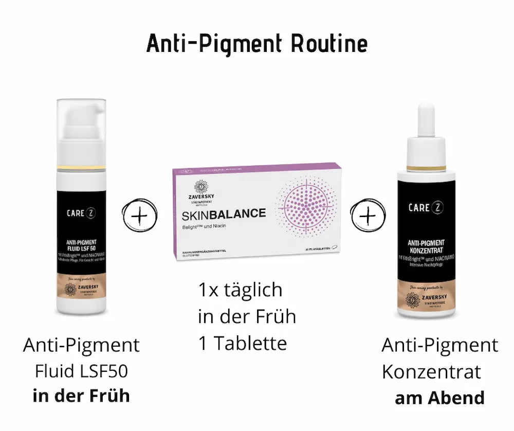 Anti-Pigment Routine mit Care Z Fluid LSF50 für den Morgen, Skinbalance Tabletten und Care Z Konzentrat für den Abend.