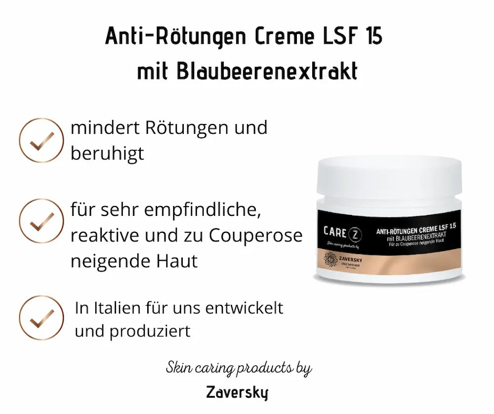 Care Z Anti-Rötungen Creme LSF 15 mit Blaubeerenextrakt von Zaversky, weißer Tiegel mit drei Produktvorteilen als Infografik