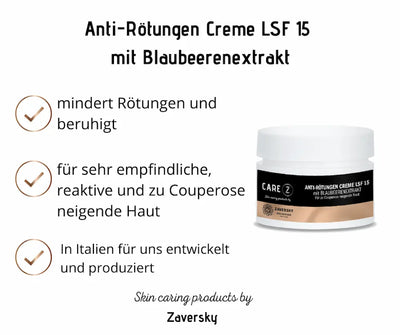 Care Z Anti-Rötungen Creme LSF 15 mit Blaubeerenextrakt von Zaversky, weißer Tiegel mit drei Produktvorteilen als Infografik