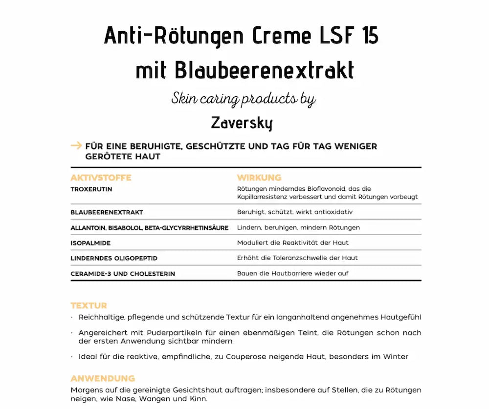 Infografik zur Anti-Rötungen Creme LSF 15 mit Blaubeerenextrakt von Zaversky mit Aktivstoffen, Wirkung, Textur und Anwendung