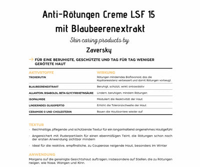 Infografik zur Anti-Rötungen Creme LSF 15 mit Blaubeerenextrakt von Zaversky mit Aktivstoffen, Wirkung, Textur und Anwendung