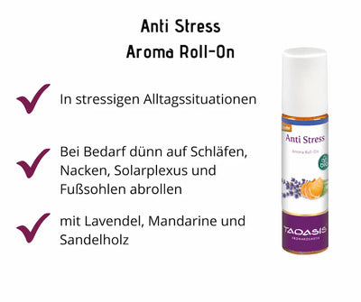 Anti Stress Aroma Roll-On von Taoasis in Bio-Qualität mit Lavendel, Mandarine und Sandelholz zur Anwendung bei Stress