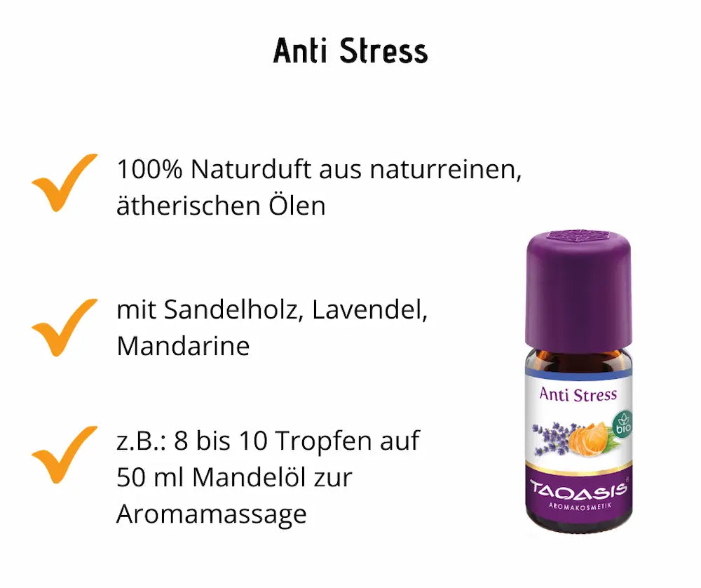 Taoasis Anti Stress Aromaöl in brauner Glasflasche mit lila Deckel und Bio-Siegel, Infografik mit 100% Naturduft, Sandelholz, Lavendel, Mandarine und Dosierhinweis für Aromamassage