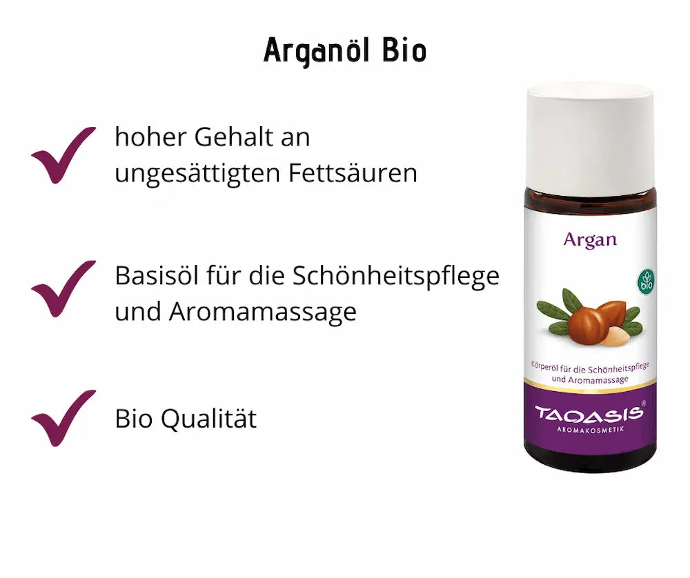 Infografik zu Taoasis Arganöl Bio mit brauner Glasflasche und weißem Deckel, Vorteilen hoher Gehalt an ungesättigten Fettsäuren, Basisöl für Schönheitspflege und Bio Qualität
