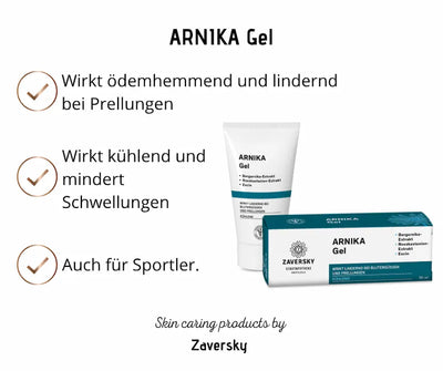 Arnika Gel von Zaversky, weiße Tube und petrolfarbene Verpackung mit Bergarnika-Extrakt, Rosskastanien-Extrakt und Escin, 50 ml

