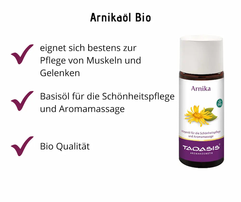 Infografik zu Arnikaöl Bio von Taoasis mit brauner Flasche, weißem Deckel und Arnikablüte sowie Hinweisen auf Muskel- und Gelenkpflege, Schönheitspflege, Aromamassage und Bio-Qualität