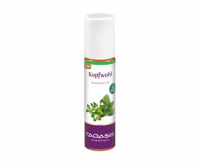 Taoasis Kopfwohl Aroma Roll-On in schlanker Glasflasche mit weißer Roll-On-Kappe, Bio-Siegel und Kräuterabbildung auf violettem Etikett