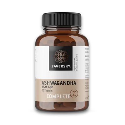 Zaversky Complete Z Ashwagandha KSM-66 Kapseln in brauner Dose mit schwarzem Deckel, 60 Kapseln.