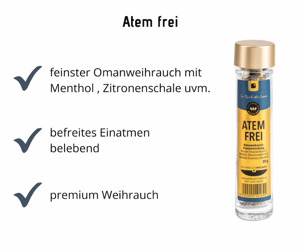 Infografik zu Atem Frei Naturweihrauch-Kräutermischung in Glasflasche mit goldenem Deckel, blau-goldenem Etikett, 20 g, mit Hinweisen auf Omanweihrauch, Menthol und befreites Einatmen