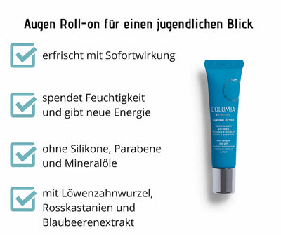 Dolomia Skincare Mineral Detox Augen Roll-on in blauer Tube, Infografik mit Vorteilen: erfrischt sofort, spendet Feuchtigkeit, ohne Silikone und Parabene