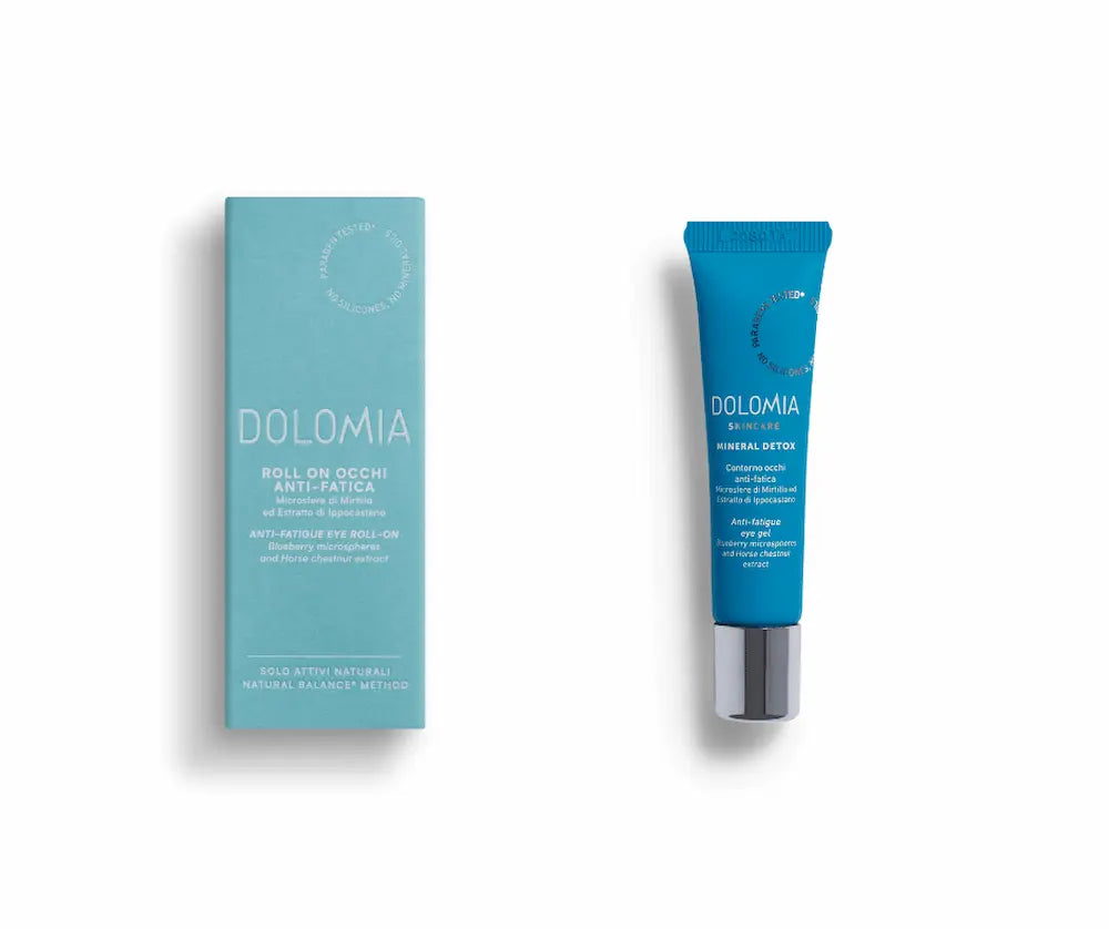 Dolomia Mineral Detox Anti-Fatigue Augen Roll-On, türkisblaue Tube mit silberner Roll-on-Spitze neben Faltschachtel