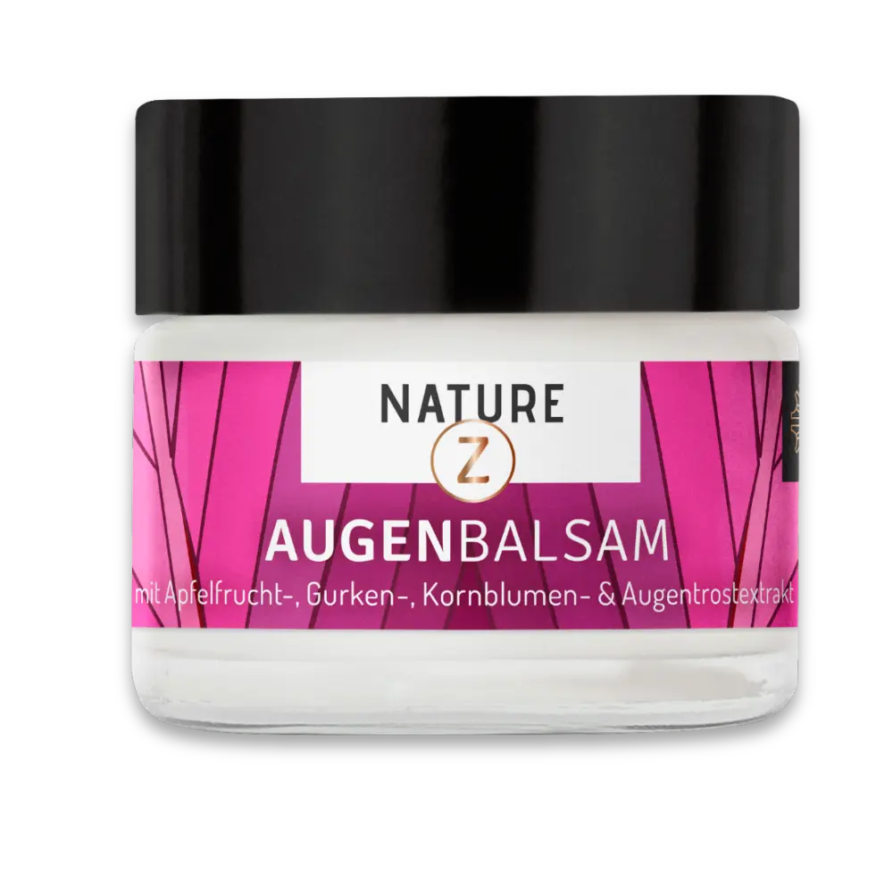 NATURE Z Augenbalsam im Glastiegel mit schwarzem Deckel und pinkem Etikett, mit Apfelfrucht-, Gurken-, Kornblumen- und Augentrostextrakt