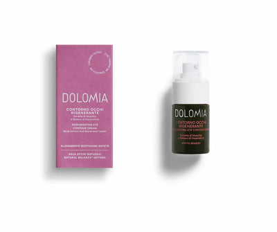 Dolomia Contorno Occhi Rigenerante Augenkonturcreme, dunkle Pumpflasche neben violetter Faltschachtel mit Produktbeschriftung