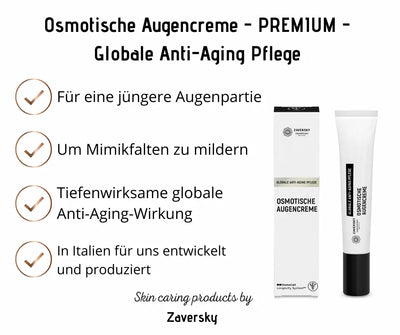 Infografik zur Osmotischen Augencreme von Zaversky mit weißer Tube, Verpackung und vier Vorteilen wie jüngerer Augenpartie und Faltenmilderung