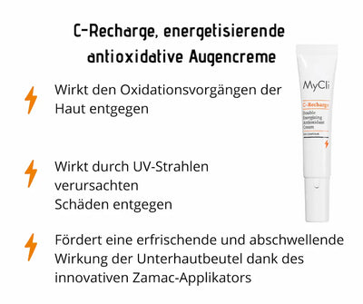 MyCli C-Recharge Double Energizing Antioxidant Cream Eye Contour in weißer Tube mit Infografik zu drei Hauptmerkmalen
