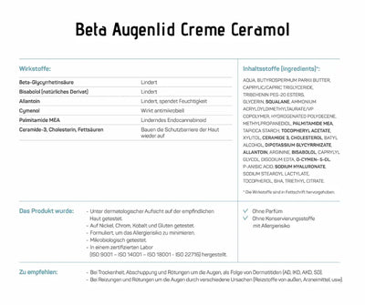 Infografik zur Beta Augenlid Creme von Ceramol mit Übersicht der Wirkstoffe, Inhaltsstoffe sowie Hinweisen zu Anwendung und Verträglichkeit