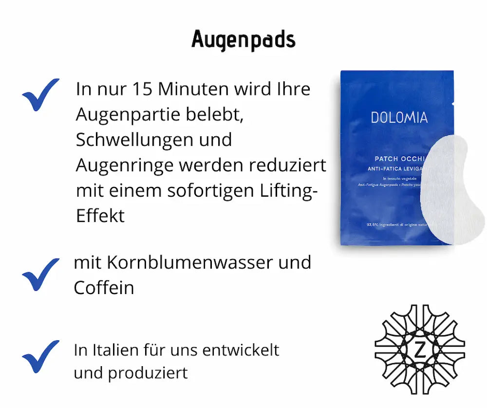 Infografik zu Dolomia Augenpads in blauer Verpackung mit sichtbarem Pad, Produktvorteilen und Z-Logo von Zaversky.