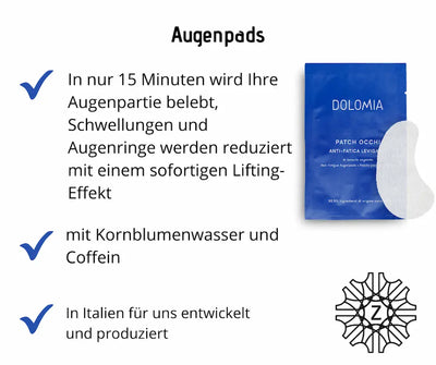 Infografik zu Dolomia Augenpads in blauer Verpackung mit sichtbarem Pad, Produktvorteilen und Z-Logo von Zaversky.