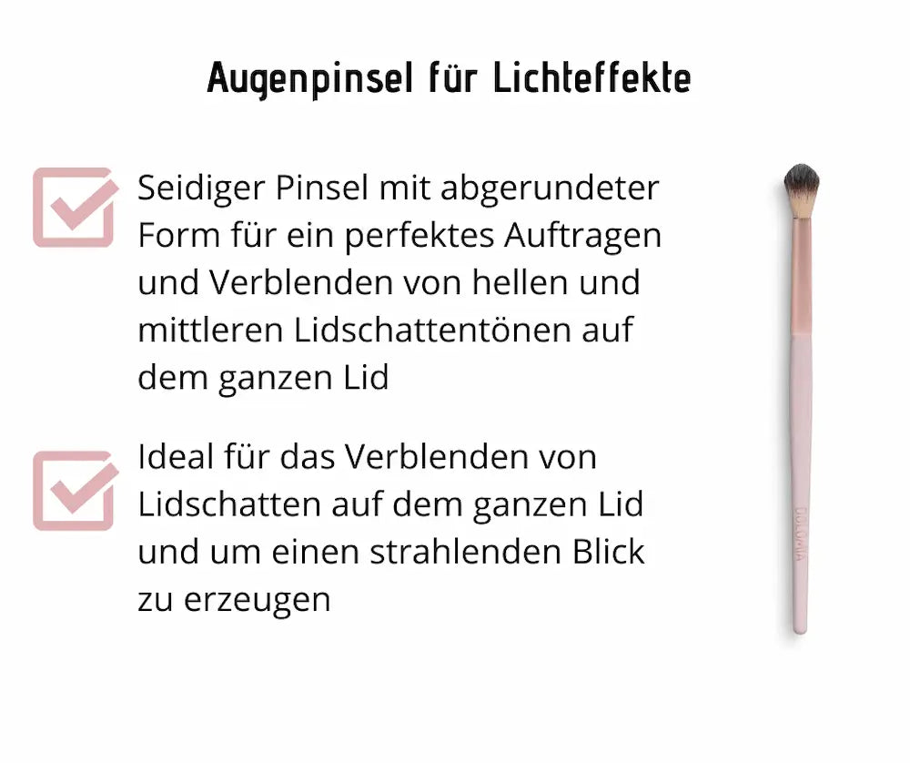 Augenpinsel für Lichteffekte mit rosa Griff und abgerundeter Pinselspitze, Infografik mit Anwendungshinweisen für Lidschatten