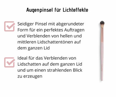 Augenpinsel für Lichteffekte mit rosa Griff und abgerundeter Pinselspitze, Infografik mit Anwendungshinweisen für Lidschatten