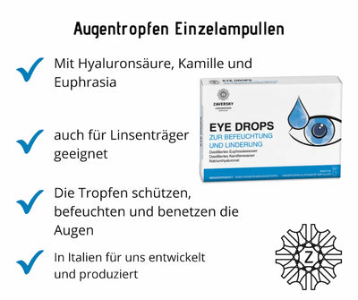 Infografik Zaversky Eye Drops Augentropfen Einzelampullen mit Hyaluronsäure, Kamille und Euphrasia, auch für Linsenträger geeignet