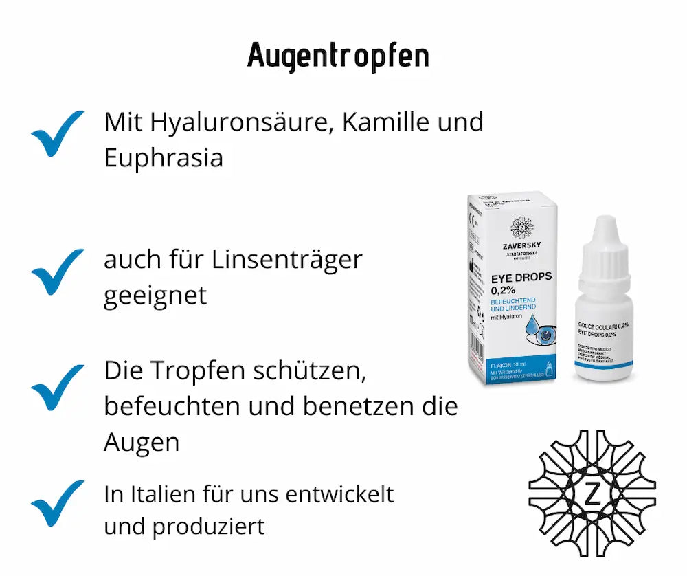 Infografik zu Augentropfen Eye Drops 0,2 % von Zaversky Stadtapotheke mit Faltschachtel, Tropfflasche und Produktmerkmalen