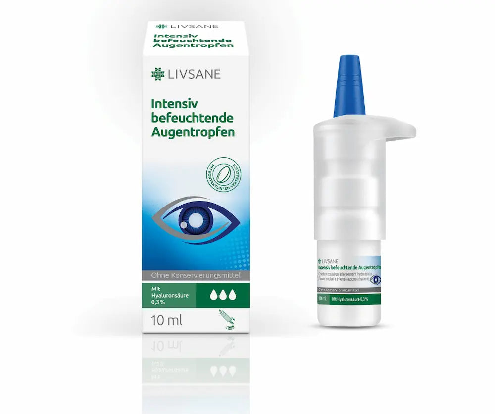 LIVSANE Intensiv befeuchtende Augentropfen mit Hyaluronsäure 0,3 %, Faltschachtel und Flasche mit blauer Applikatorspitze, 10 ml