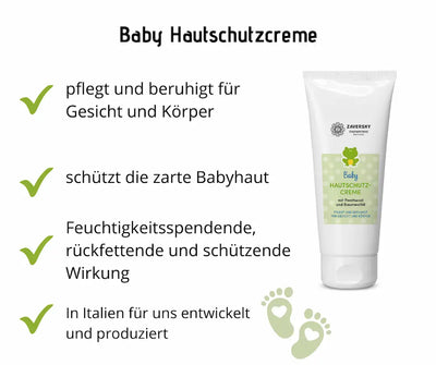Infografik zur Baby Hautschutzcreme von Zaversky mit weißer Tube, grünem Frosch und vier Pflegehinweisen