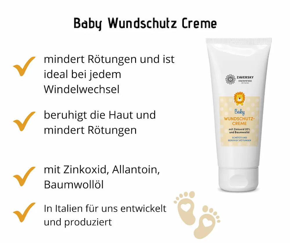 Infografik zur Baby Wundschutz Creme von Zaversky in weißer Tube mit Löwenmotiv, Vorteilen wie Zinkoxid und Baumwollöl sowie Babyfußabdrücken.