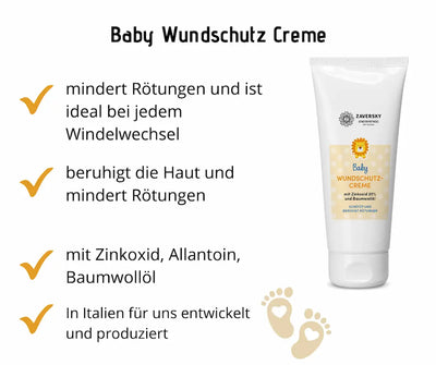 Infografik zur Baby Wundschutz Creme von Zaversky in weißer Tube mit Löwenmotiv, Vorteilen wie Zinkoxid und Baumwollöl sowie Babyfußabdrücken.