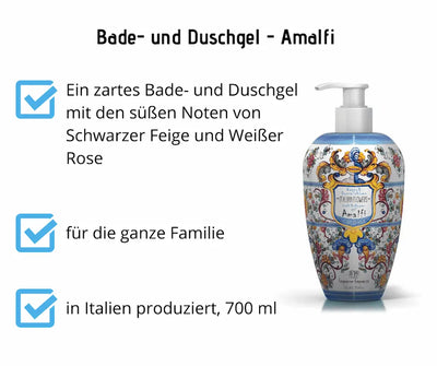 Bade- und Duschgel Amalfi Italian Flowers im dekorativen Pumpspender mit floralem Muster, 700 ml, Noten von Schwarzer Feige und Weißer Rose, für die ganze Familie, hergestellt in Italien.