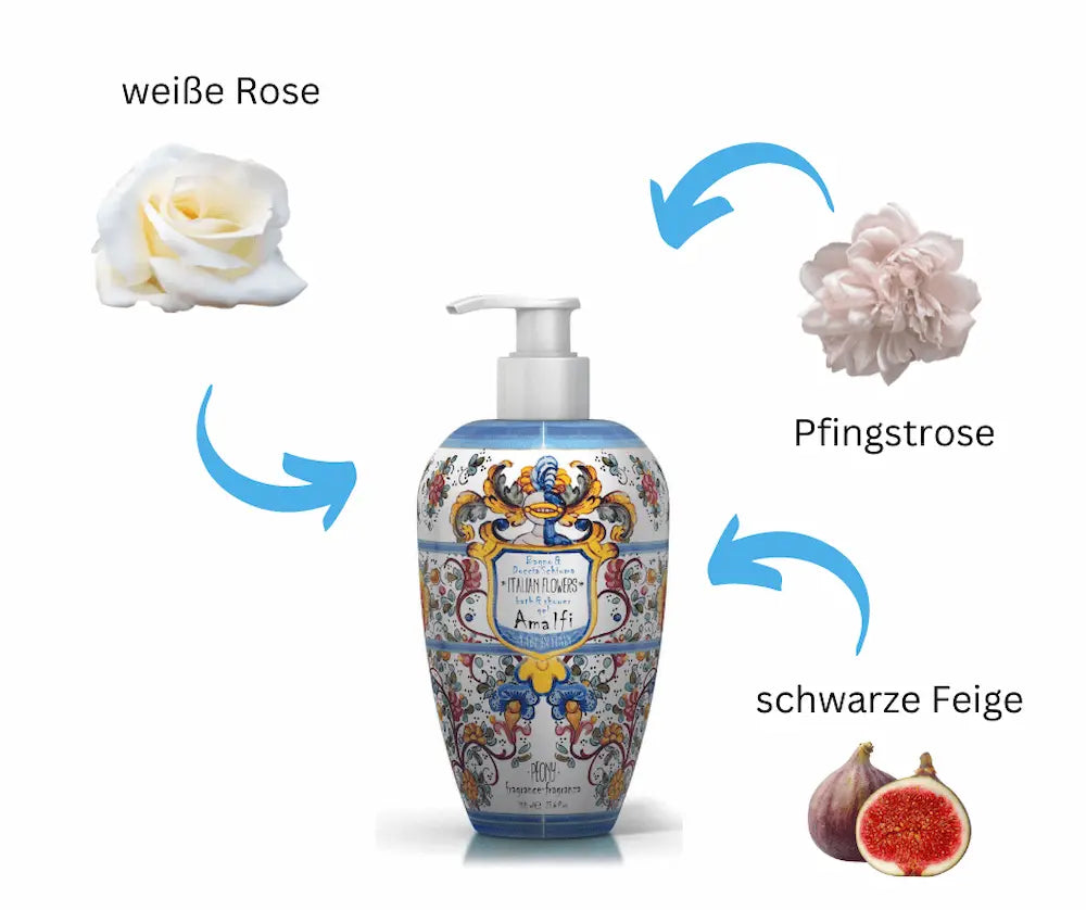 Bade- und Duschgel Italian Flowers Amalfi im verzierten Pumpspender mit Duftnoten weiße Rose, Pfingstrose und schwarze Feige