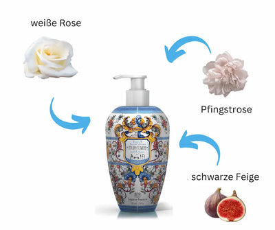 Bade- und Duschgel Italian Flowers Amalfi im verzierten Pumpspender mit Duftnoten weiße Rose, Pfingstrose und schwarze Feige