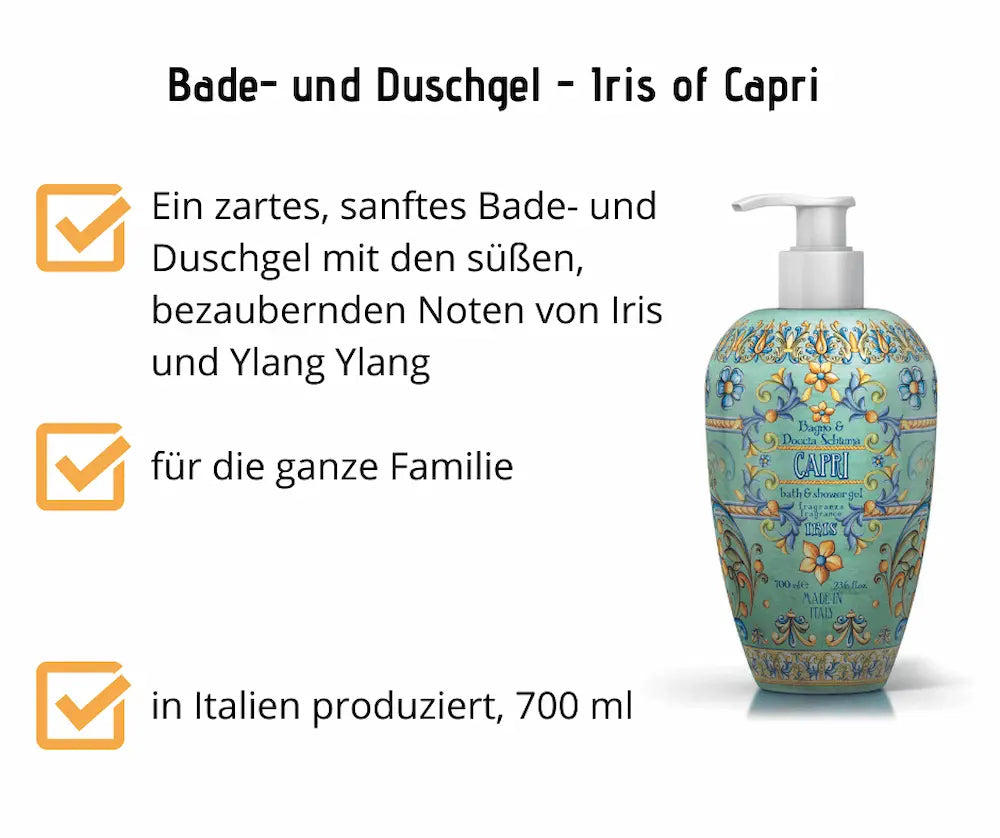 Bade- und Duschgel Iris of Capri in dekorativ verzierter Pumpflasche, 700 ml, mit Iris und Ylang Ylang, hergestellt in Italien