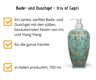 Bade- und Duschgel Iris of Capri in dekorativ verzierter Pumpflasche, 700 ml, mit Iris und Ylang Ylang, hergestellt in Italien