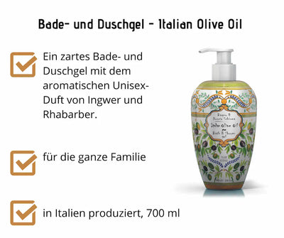 Bade- und Duschgel Italian Olive Oil in dekorativer Pumpflasche mit Olivenmotiv, 700 ml, mit Produktmerkmalen für die ganze Familie
