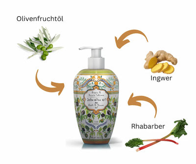 Bade- und Duschgel Italian Olive Oil in dekorativer Pumpflasche mit Oliven-Motiv, 700 ml, mit Olivenfruchtöl, Ingwer und Rhabarber