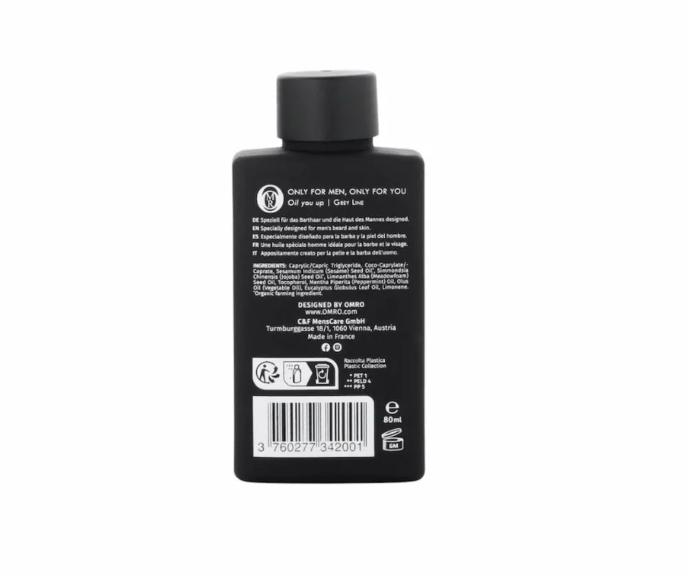 OMRO Bartöl für Männer in schwarzer 80 ml Flasche, Rückseite mit Inhaltsstoffen und Produktbeschreibung „Oil you up | Grey Line“.