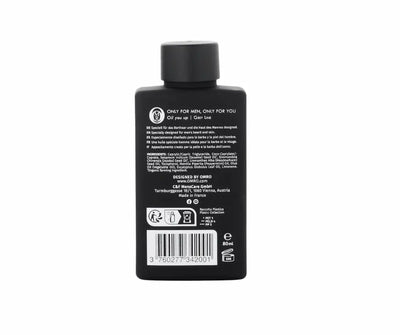 OMRO Bartöl für Männer in schwarzer 80 ml Flasche, Rückseite mit Inhaltsstoffen und Produktbeschreibung „Oil you up | Grey Line“.