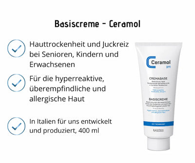 Ceramol 311 Basiscreme in weißer Tube, 400 ml, mit Infografik zu Anwendung bei trockener, hyperreaktiver und allergischer Haut