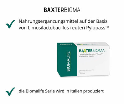 BaxterBioma von Biomalife, Nahrungsergänzungsmittel mit Limosilactobacillus reuteri Pylopass, 60 pflanzliche Kapseln, glutenfrei und laktosefrei