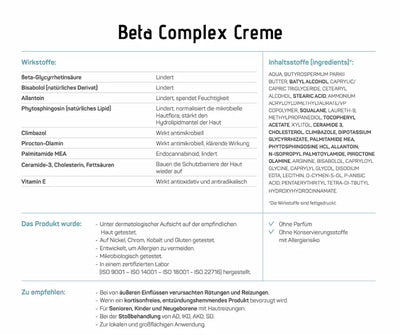 Infografik zur Beta Complex Creme mit Übersicht der Wirkstoffe, Inhaltsstoffe, Produkttests und Anwendungsempfehlungen.