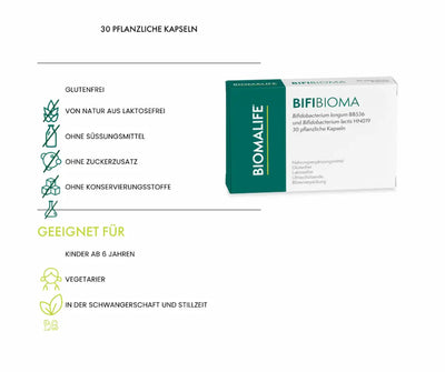 BIFIBIOMA von Biomalife mit 30 pflanzlichen Kapseln, Bifidobacterium longum und lactis, glutenfrei, laktosefrei, ohne Zuckerzusatz