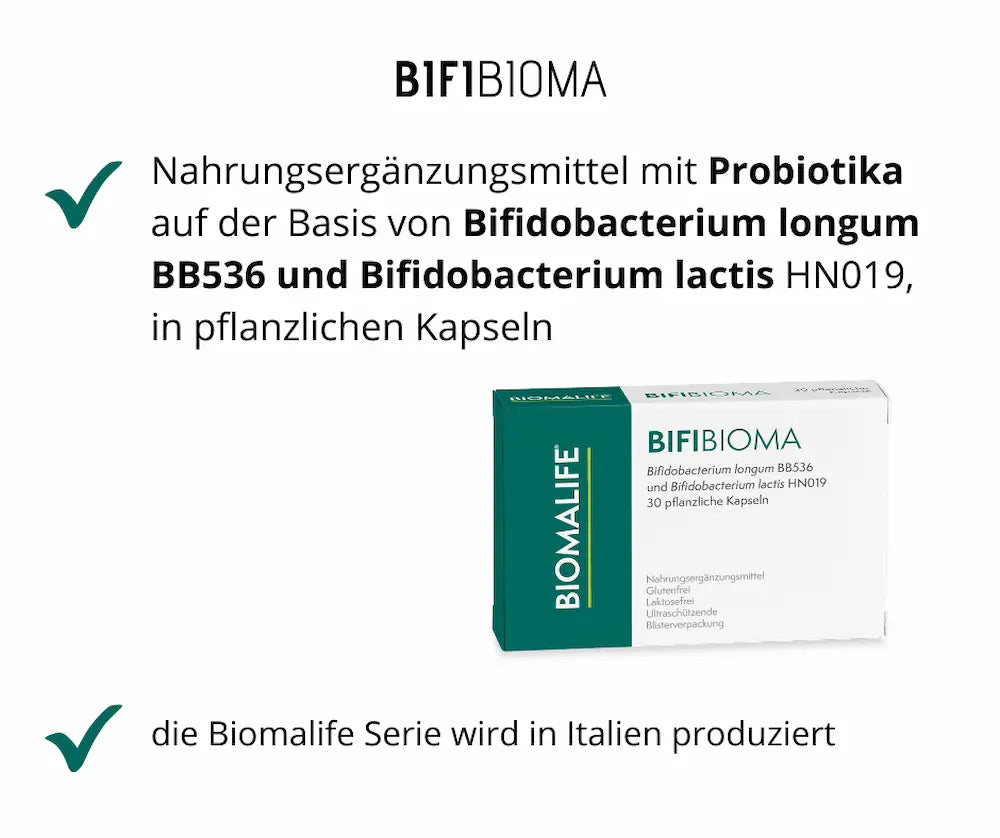 BifiBioma von Biomalife Verpackung mit Probiotika, Bifidobacterium longum BB536 und lactis HN019, 30 pflanzliche Kapseln, glutenfrei und laktosefrei