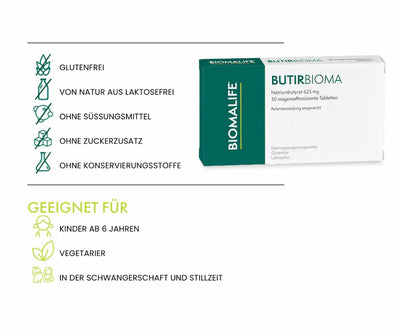 ButirBioma von Biomalife mit Natriumbutyrat 625 mg, 30 magensaftresistente Tabletten, glutenfrei, laktosefrei, für Kinder ab 6 Jahren geeignet.