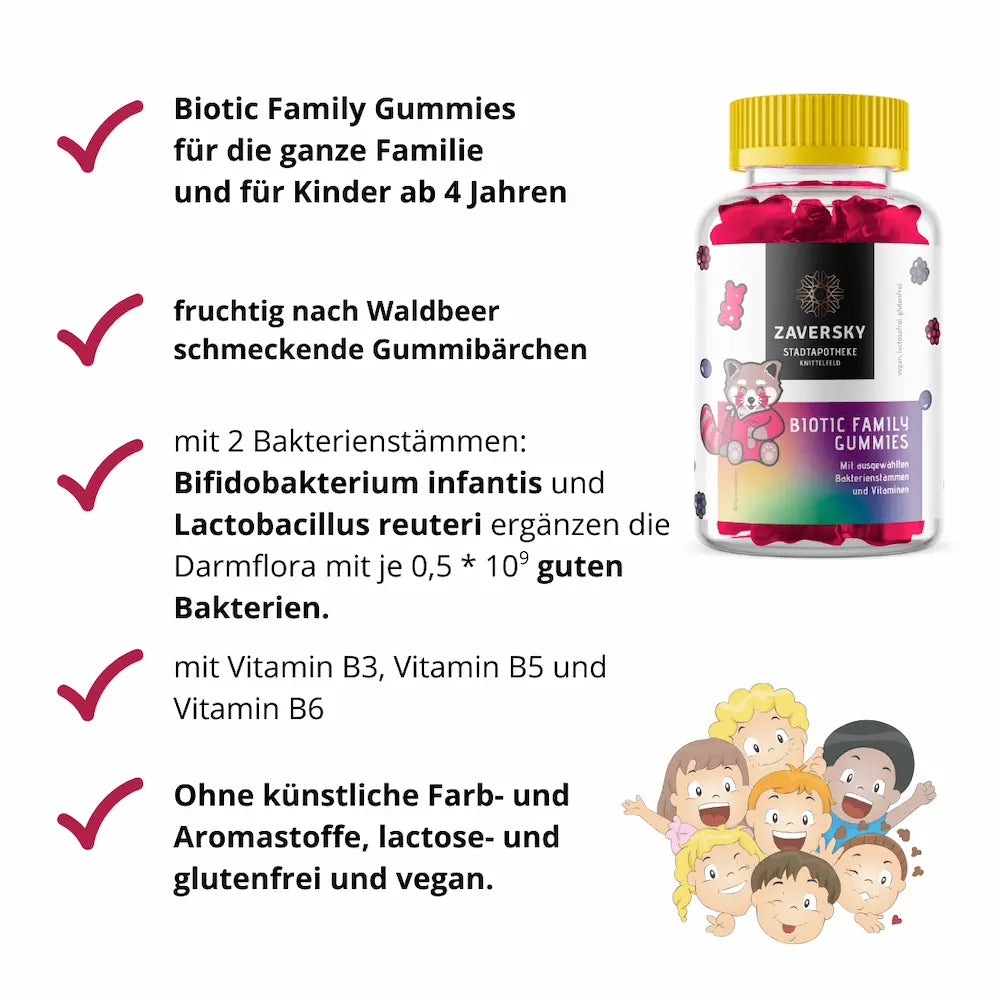 Zaversky Biotic Family Gummies im Glas mit gelbem Deckel, Infografik mit Vorteilen, Waldbeergeschmack und Kindermotiv.