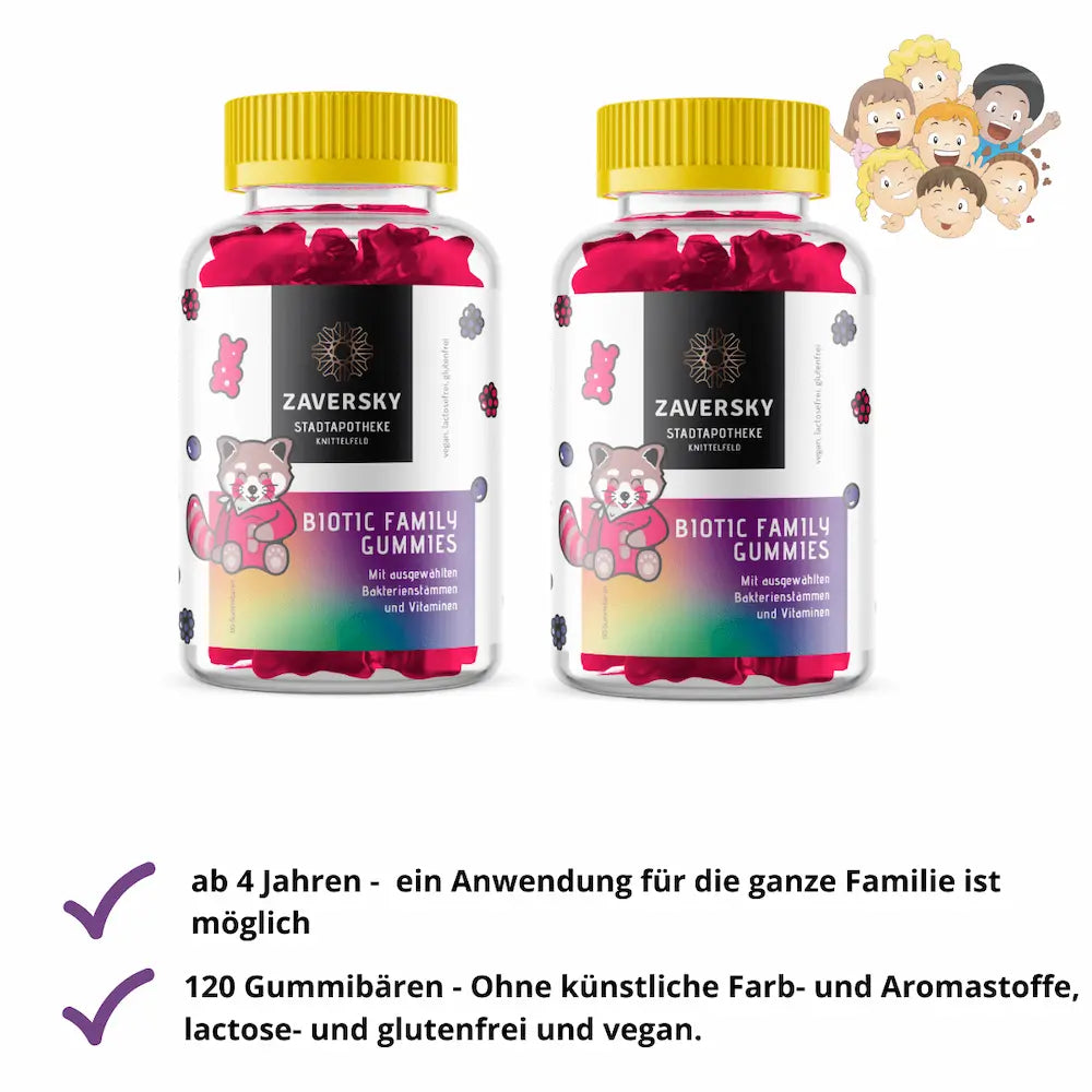 Zwei Zaversky Biotic Family Gummies Flaschen mit gelbem Deckel, rotem Pandabär-Motiv und Hinweisen ab 4 Jahren, vegan, lactose- und glutenfrei