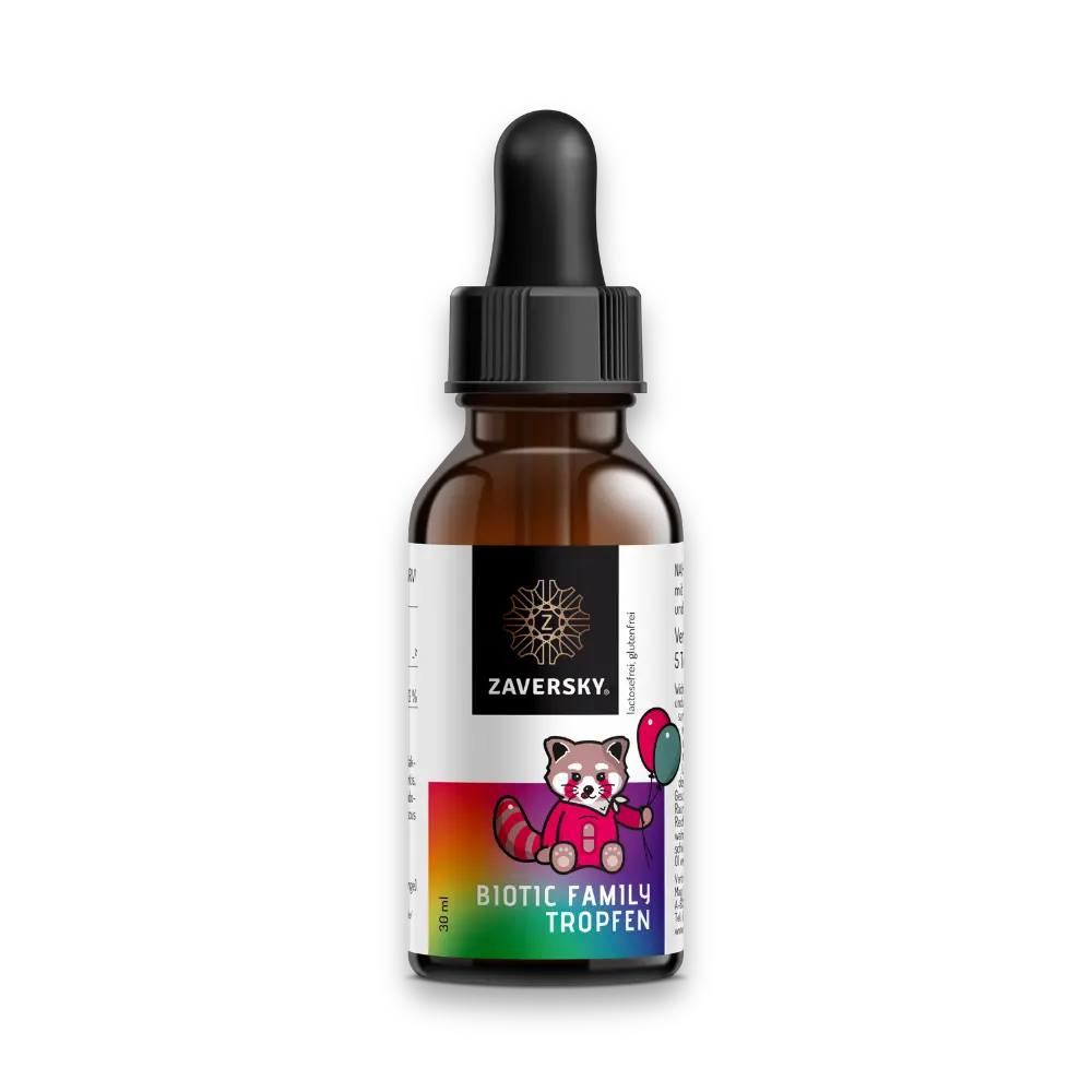 Zaversky Biotic Family Tropfen, 30 ml braune Tropfflasche mit Pipette, Etikett mit rotem Panda-Motiv, lactosefrei und glutenfrei.